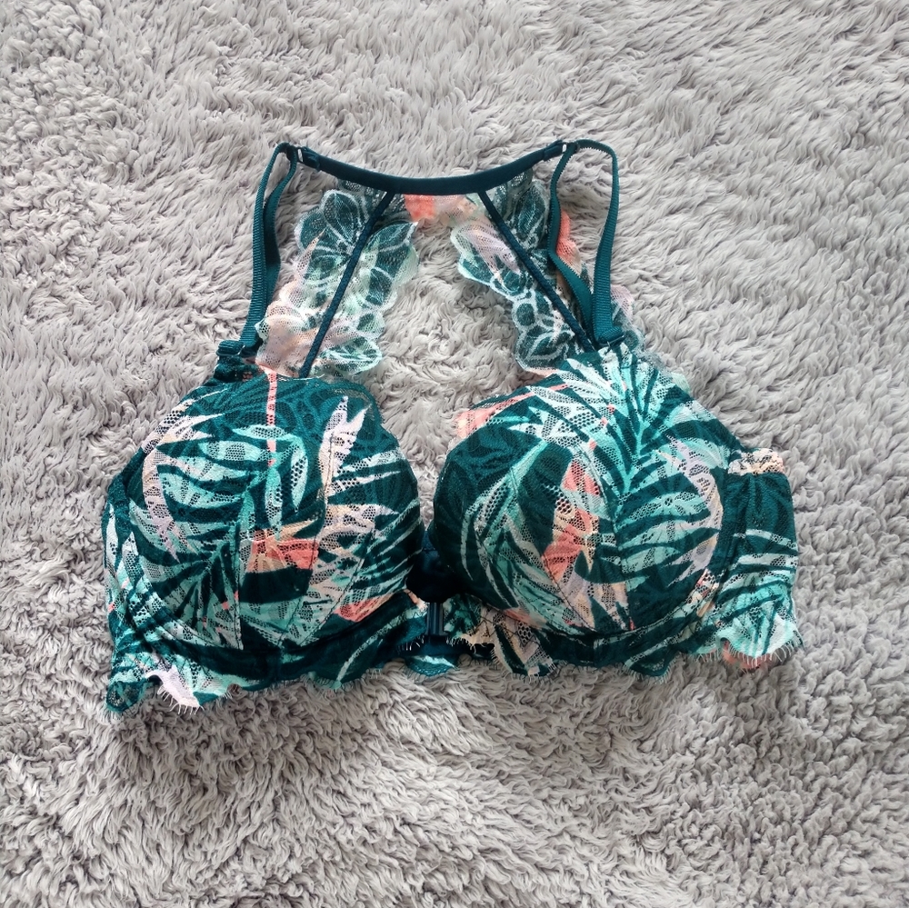 PINK • Victoria’s Secret Teal Green Tropical Palm Leaf Lace Push Up Bra 36C NWT